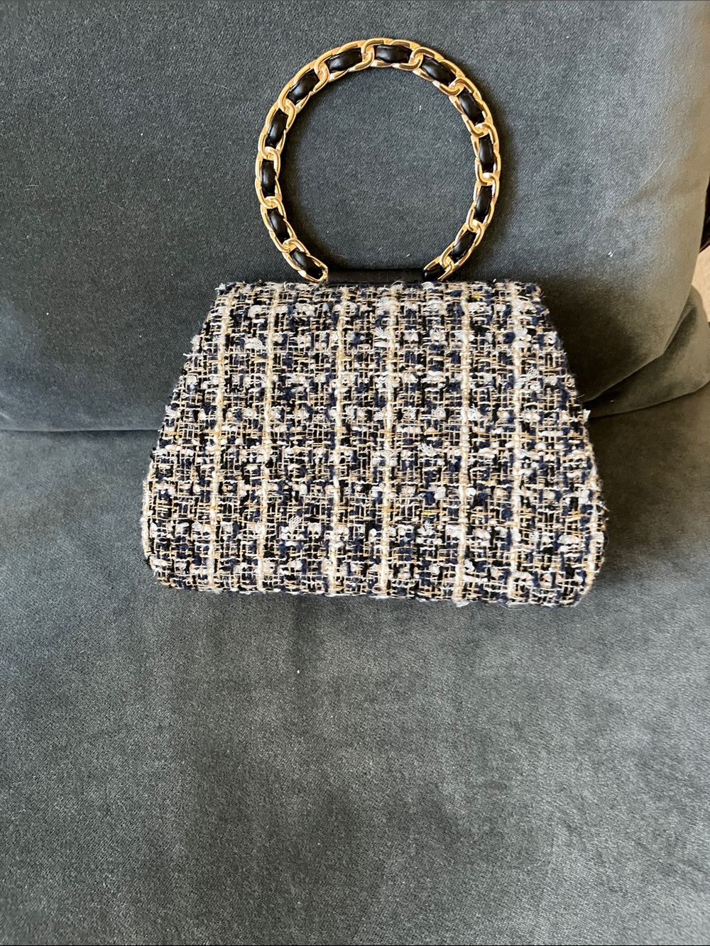Structured Tweed Wristlet with Gold Chain Handle - Navy & Cream